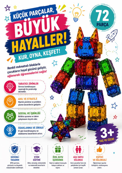 Manyetik Yapı Blokları – 72 Parça Eğitici Zeka Oyunu